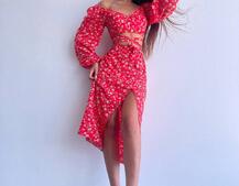 Квітковий комплект: топ із зав'язками на талії + спідниця міді з розрізом | PUSHKA SHOP