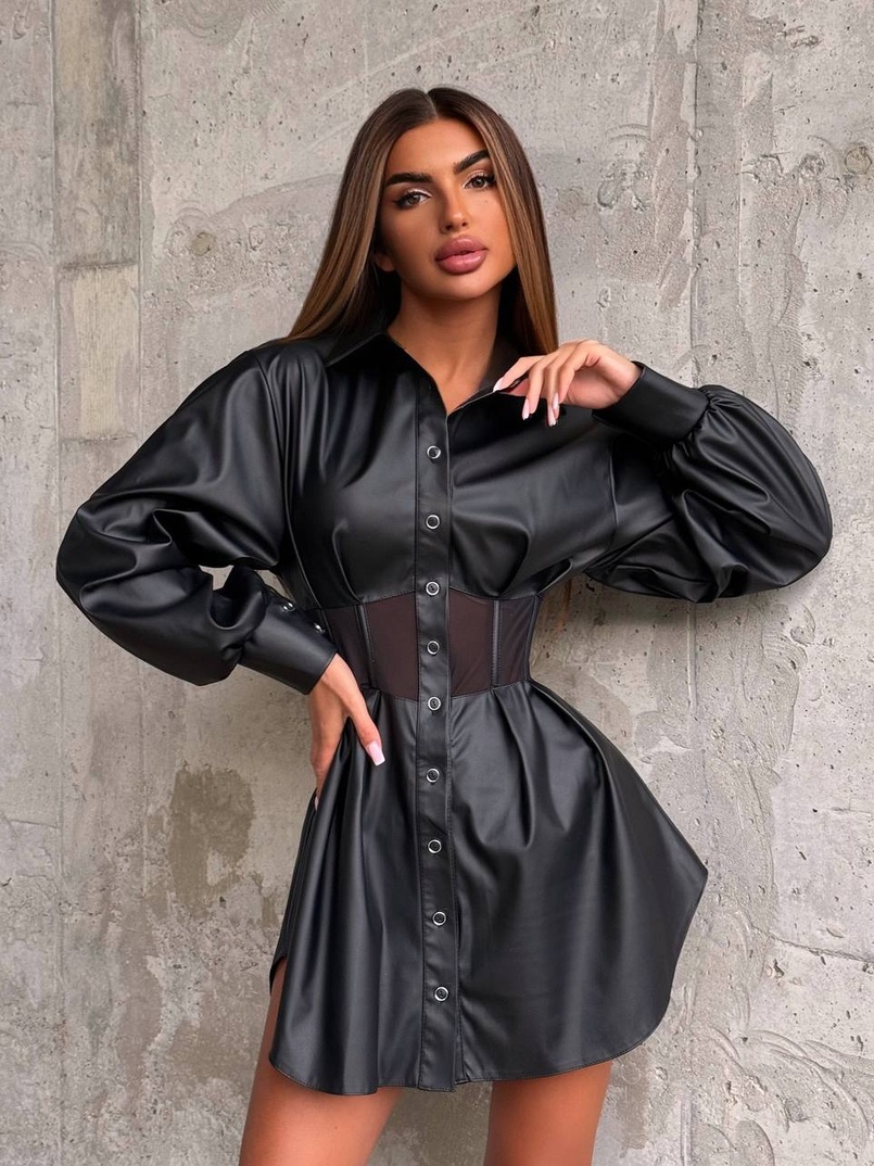 Сукня-сорочка з корсетними елементами з еко-шкіри Сукня-сорочка з корсетними елементами з еко-шкіри | PUSHKA SHOP