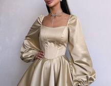 Атласна корсетна сукня з пишною подвійною спідницею та об‘ємними рукавами | PUSHKA SHOP