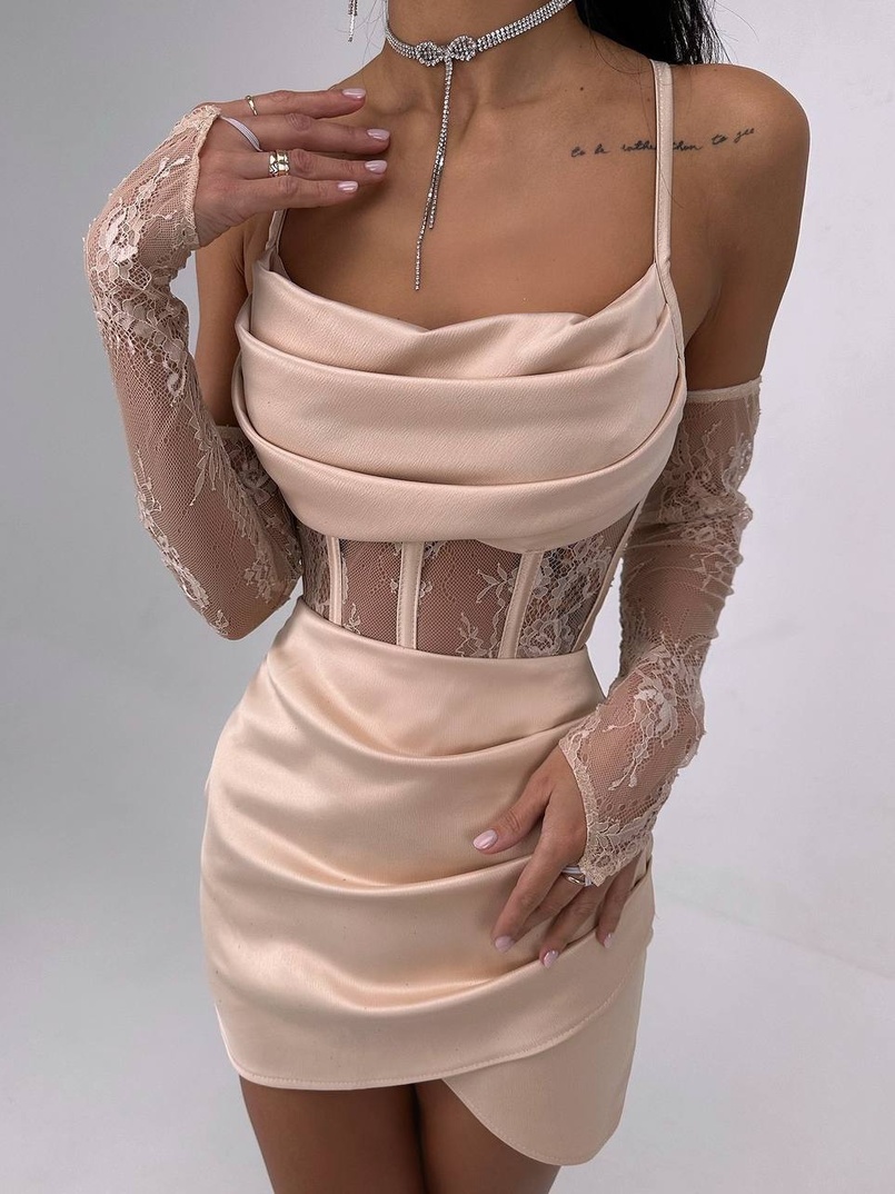 Комплект: корсет, декорований мереживом   + рукавички+ спідниця міні з драпіруванням   Комплект: корсет, декорований мереживом   + рукавички+ спідниця міні з драпіруванням   | PUSHKA SHOP