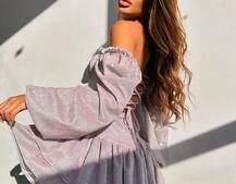 Блискуча сукня з воланами та шнурівкою на спинці Блискуча сукня з воланами та шнурівкою на спинці | PUSHKA SHOP