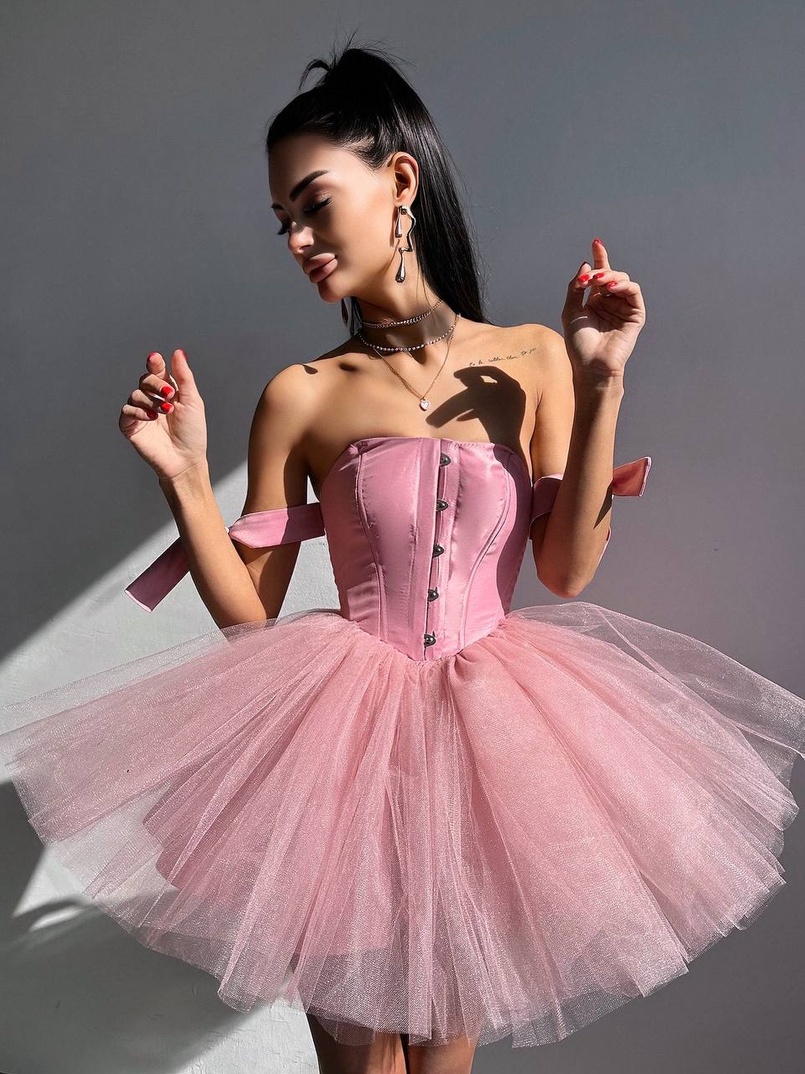 Атласна корсетна сукня міні з гачками та пишною фатиновою спідницею  Атласна корсетна сукня міні з гачками та пишною фатиновою спідницею  | PUSHKA SHOP