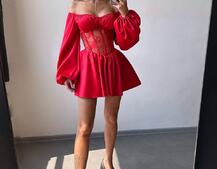 Атласна сукня з обʼємними рукавами та мереживом Атласна сукня з обʼємними рукавами та мереживом | PUSHKA SHOP