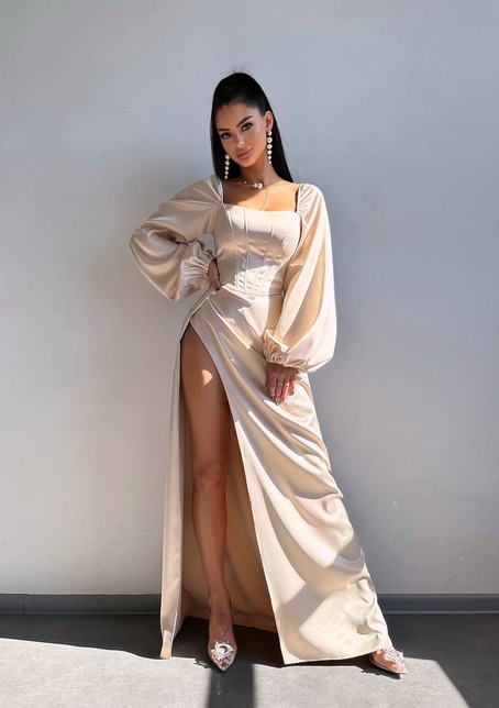 Атласний комплект: корсет + спідниця  максі з драпіруванням | PUSHKA SHOP