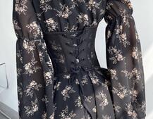 Шифонова сукня на підкладці з розкльошеними рукавами з асиметричною спідницею + корсет декорований стразами  Шифонова сукня на підкладці з розкльошеними рукавами з асиметричною спідницею + корсет декорований стразами  | PUSHKA SHOP