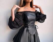 Корсетна сукня з еко-шкіри з мереживними рукавами Корсетна сукня з еко-шкіри з мереживними рукавами | PUSHKA SHOP