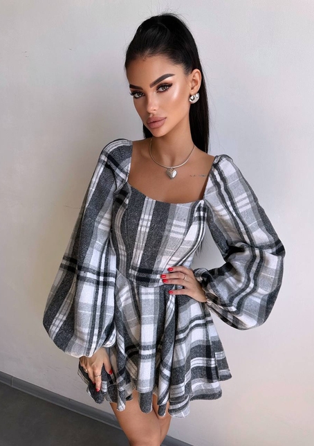 Корсетна сукня з подвійною спідницею та обʼємними рукавами у клітинку  | PUSHKA SHOP