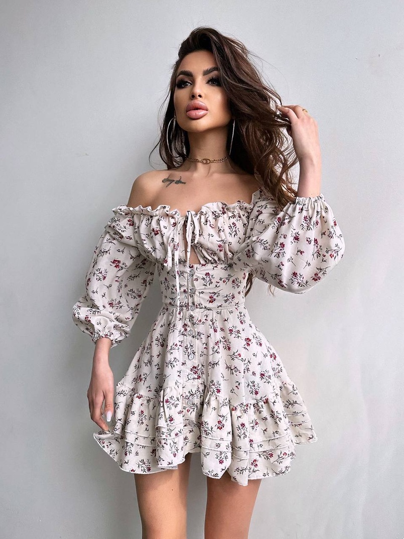 Сукня з квітковим принтом з воланами на ґудзиках  | PUSHKA SHOP