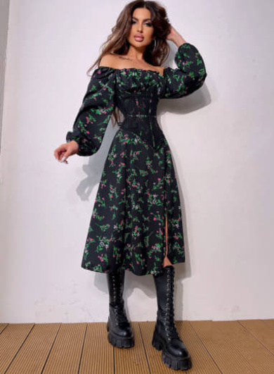 Сукня міді з розрізом в квітковий принт + прозорий корсет  Сукня міді з розрізом в квітковий принт + прозорий корсет  | PUSHKA SHOP