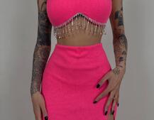 Комплект: топ з бахромою зі страз та спідниця з розрізом  | PUSHKA SHOP