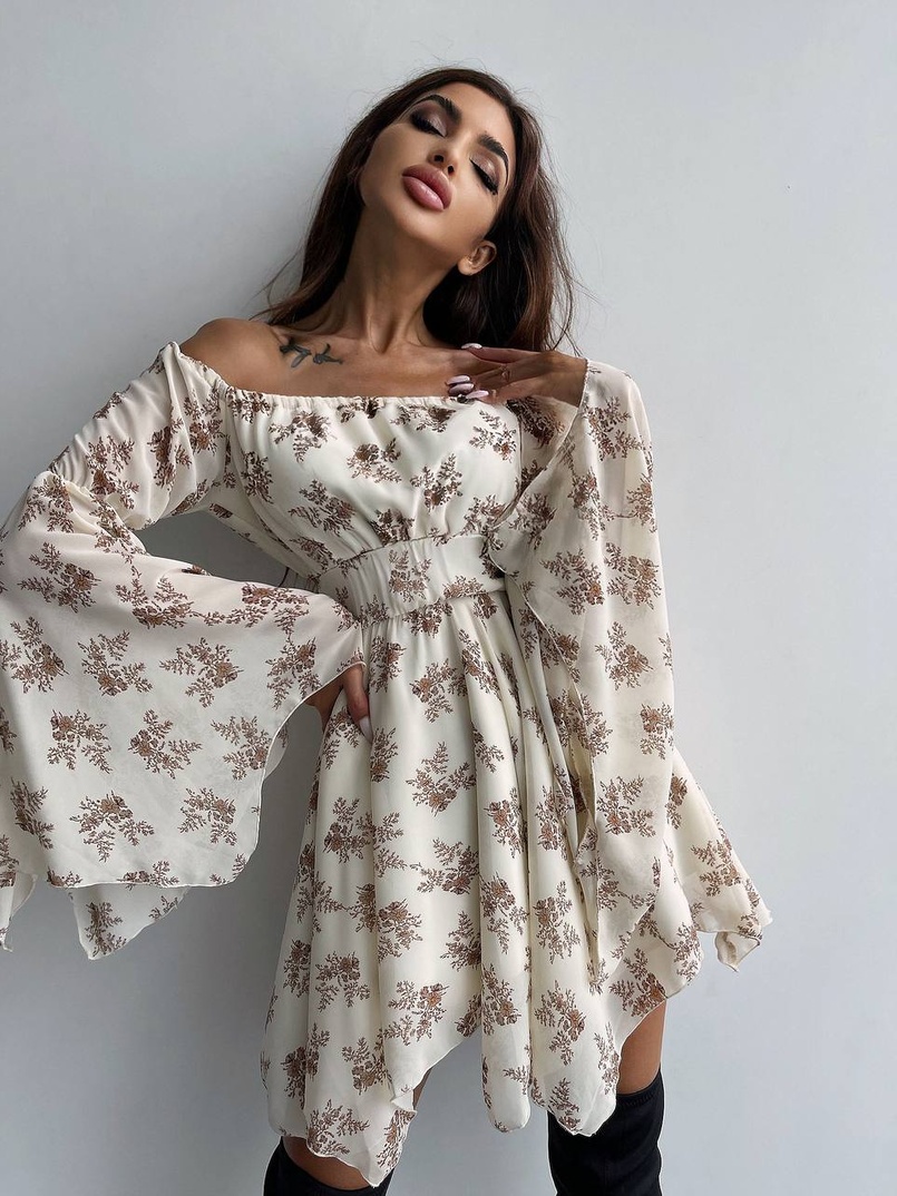 Шифонова сукня на підкладці з розкльошеними рукавами з асиметричною спідницею + корсет декорований стразами  Шифонова сукня на підкладці з розкльошеними рукавами з асиметричною спідницею + корсет декорований стразами  | PUSHKA SHOP