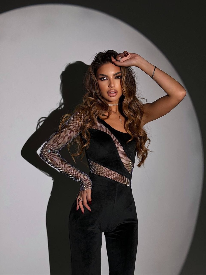 Оксамитовий комбінезон із сіткою зі стразами  | PUSHKA SHOP