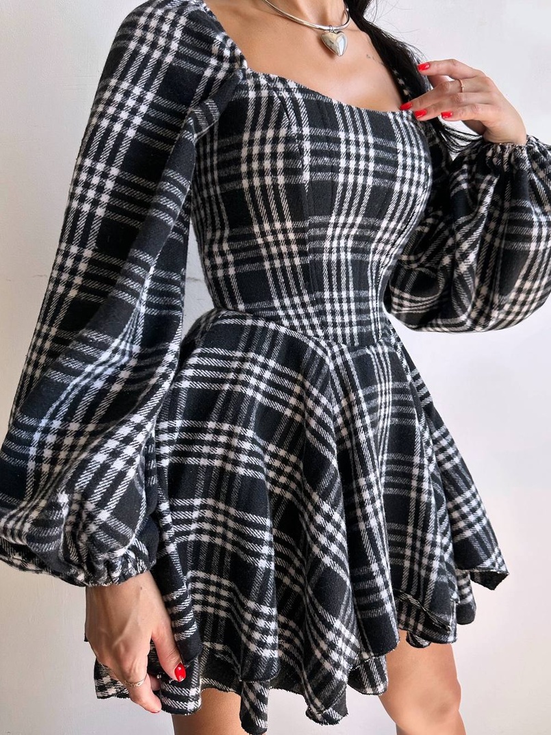 Корсетна сукня з подвійною спідницею та обʼємними рукавами у клітинку  Корсетна сукня з подвійною спідницею та обʼємними рукавами у клітинку  | PUSHKA SHOP