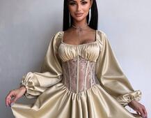 Атласна сукня з обʼємними рукавами та мереживом Атласна сукня з обʼємними рукавами та мереживом | PUSHKA SHOP