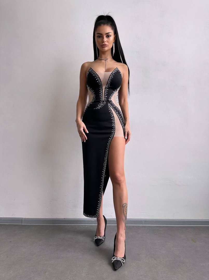 Сукня міді декорована стразами   | PUSHKA SHOP