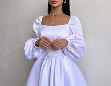 Атласна корсетна сукня з пишною подвійною спідницею та об‘ємними рукавами | PUSHKA SHOP