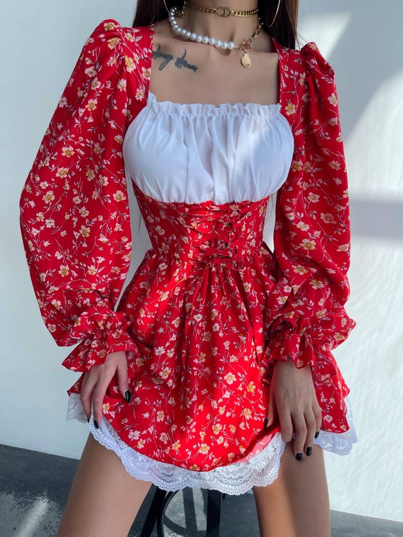 Квіткова сукня,декорована мереживом. Квіткова сукня,декорована мереживом. | PUSHKA SHOP