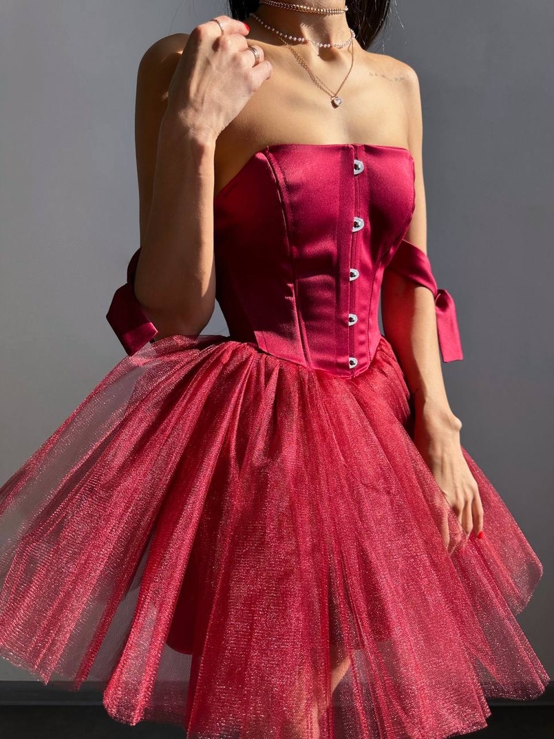 Атласна корсетна сукня міні з гачками та пишною фатиновою спідницею  | PUSHKA SHOP