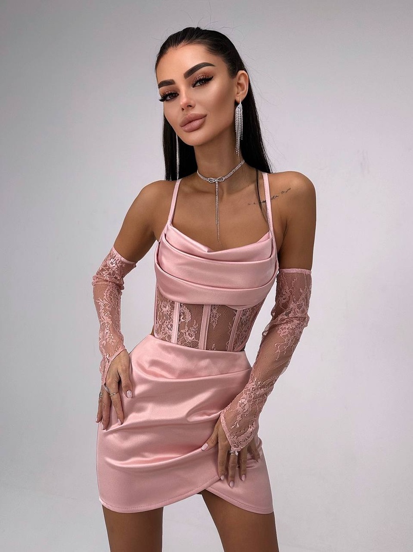 Комплект: корсет, декорований мереживом   + рукавички+ спідниця міні з драпіруванням   Комплект: корсет, декорований мереживом   + рукавички+ спідниця міні з драпіруванням   | PUSHKA SHOP