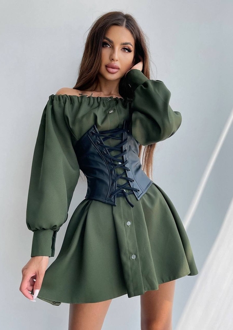 Приталена сукня-сорочка на плічках з корсетом з еко-шкіри | PUSHKA SHOP