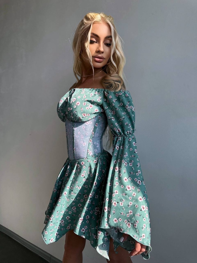 Сукня з асиметричною спідницею та розкльошеними рукавами + корсет  Сукня з асиметричною спідницею та розкльошеними рукавами + корсет  | PUSHKA SHOP