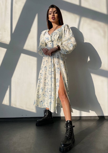 Квіткова сукня-міді з розрізом та об'ємними рукавами | PUSHKA SHOP