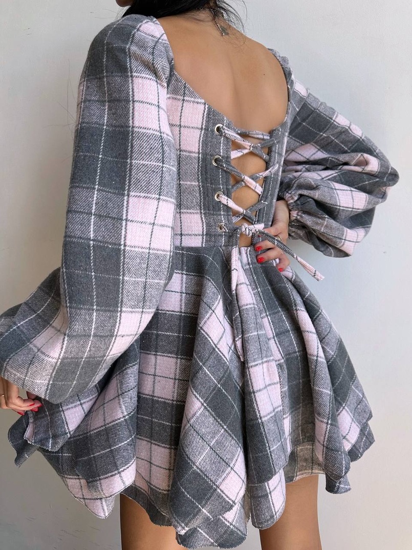 Корсетна сукня з подвійною спідницею та обʼємними рукавами у клітинку  Корсетна сукня з подвійною спідницею та обʼємними рукавами у клітинку  | PUSHKA SHOP