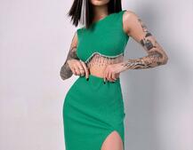 Комплект: топ з бахромою зі страз та спідниця з розрізом  | PUSHKA SHOP