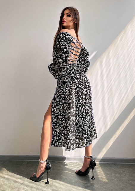 Улюблена сукня-міді зі шнурівкою на спинці та розрізом на ніжці | PUSHKA SHOP