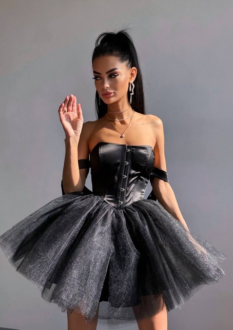 Атласна корсетна сукня міні з гачками та пишною фатиновою спідницею  | PUSHKA SHOP