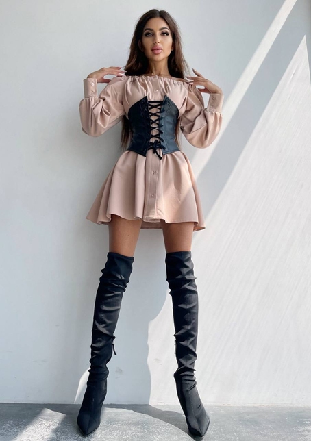 Приталена сукня-сорочка на плічках з корсетом з еко-шкіри | PUSHKA SHOP