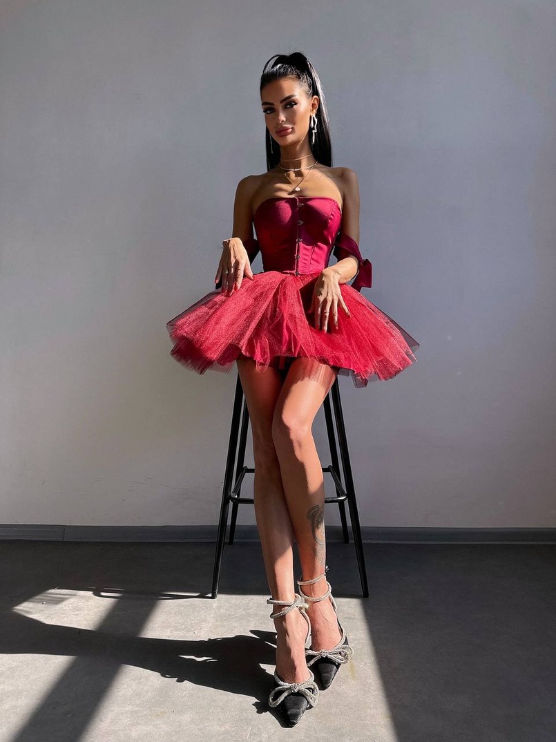 Атласна корсетна сукня міні з гачками та пишною фатиновою спідницею  | PUSHKA SHOP