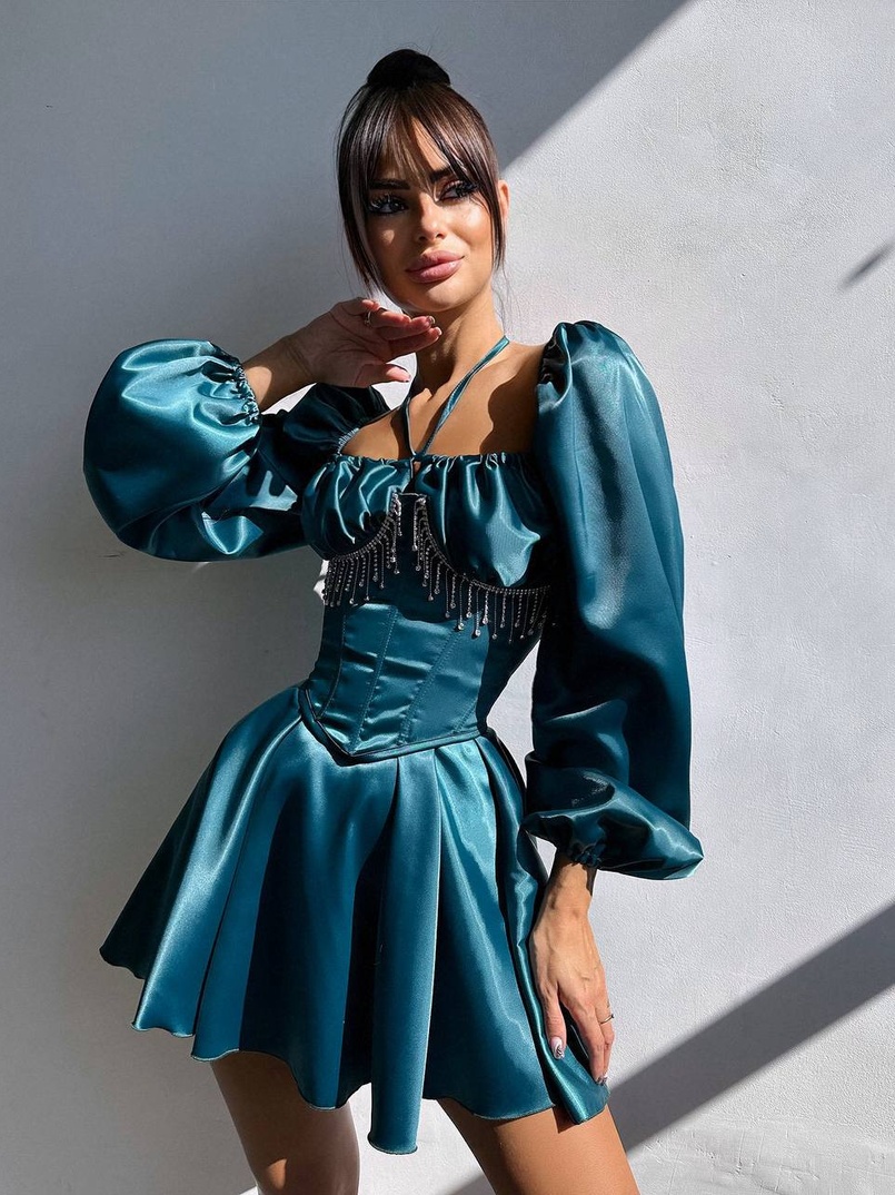 Сукня з корсетом, декорованим бахромою зі страз Ручна робота  Сукня з корсетом, декорованим бахромою зі страз Ручна робота  | PUSHKA SHOP