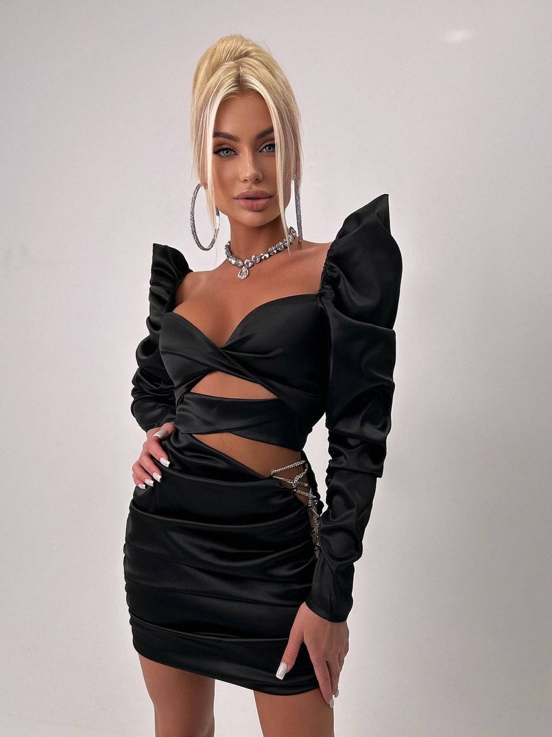 Сукня міні з драпіруванням, декорована стразами  | PUSHKA SHOP