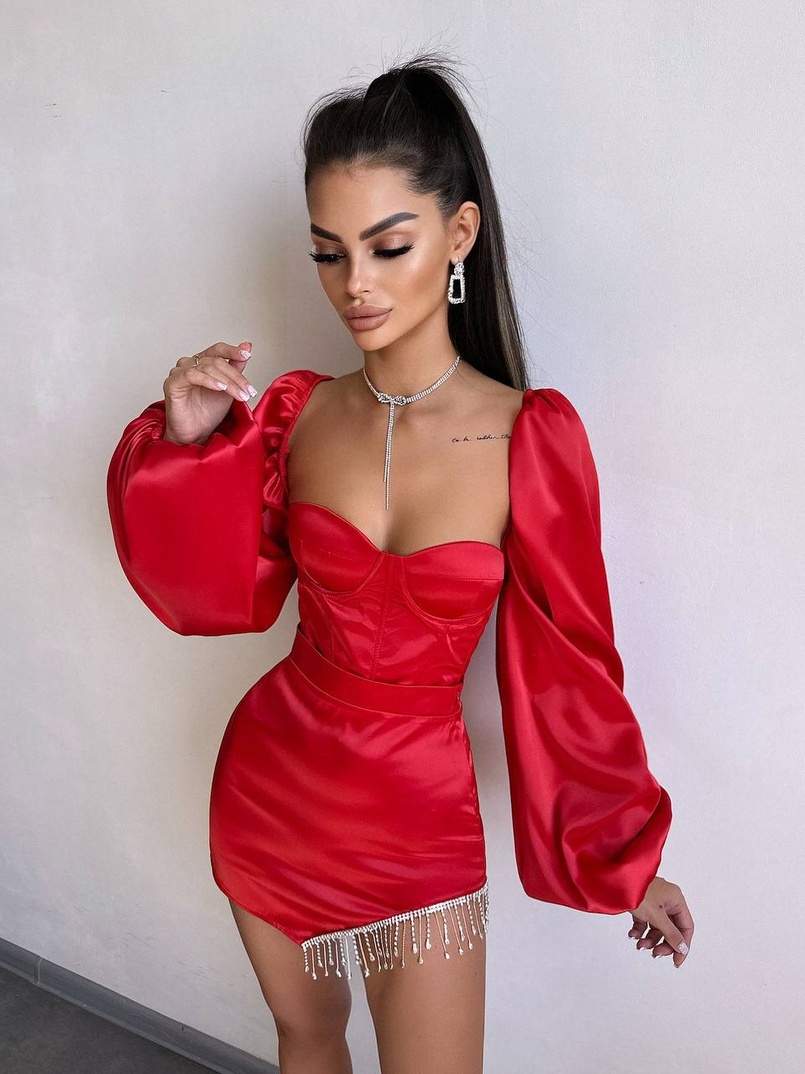 Атласний  комплект: корсет + спідниця декорована бахромою зі страз Атласний  комплект: корсет + спідниця декорована бахромою зі страз | PUSHKA SHOP