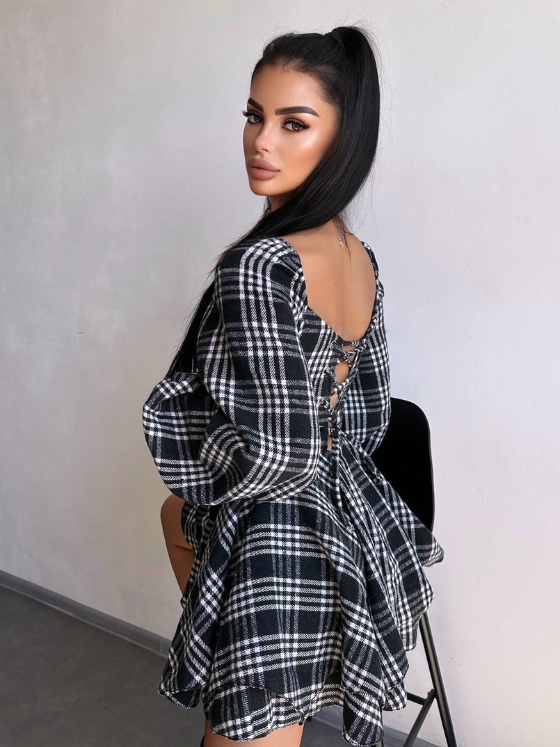 Корсетна сукня з подвійною спідницею та обʼємними рукавами у клітинку  Корсетна сукня з подвійною спідницею та обʼємними рукавами у клітинку  | PUSHKA SHOP