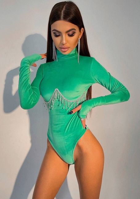 Оксамитовий боді-гольф, декорований бахромою зі страз | PUSHKA SHOP