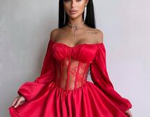 Атласна сукня з обʼємними рукавами та мереживом Атласна сукня з обʼємними рукавами та мереживом | PUSHKA SHOP