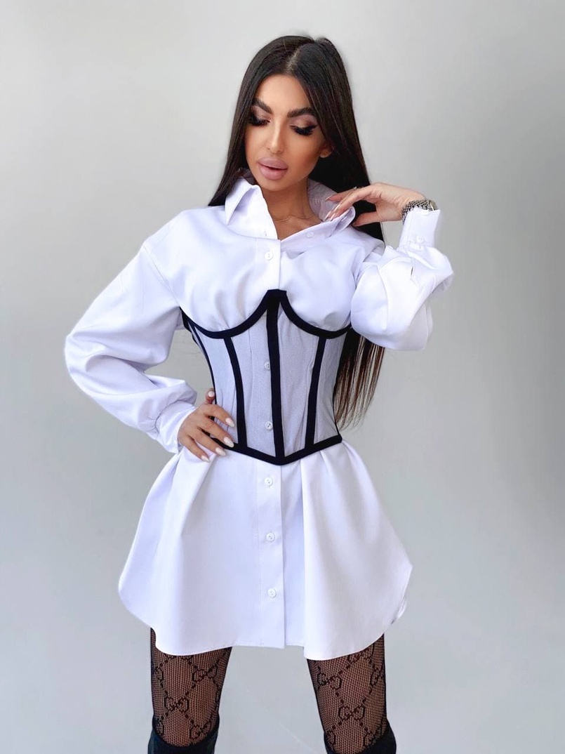 Комплект: платье-рубашка с прозрачным бельевым корсетом на шнуровке  Комплект: платье-рубашка с прозрачным бельевым корсетом на шнуровке  | PUSHKA SHOP