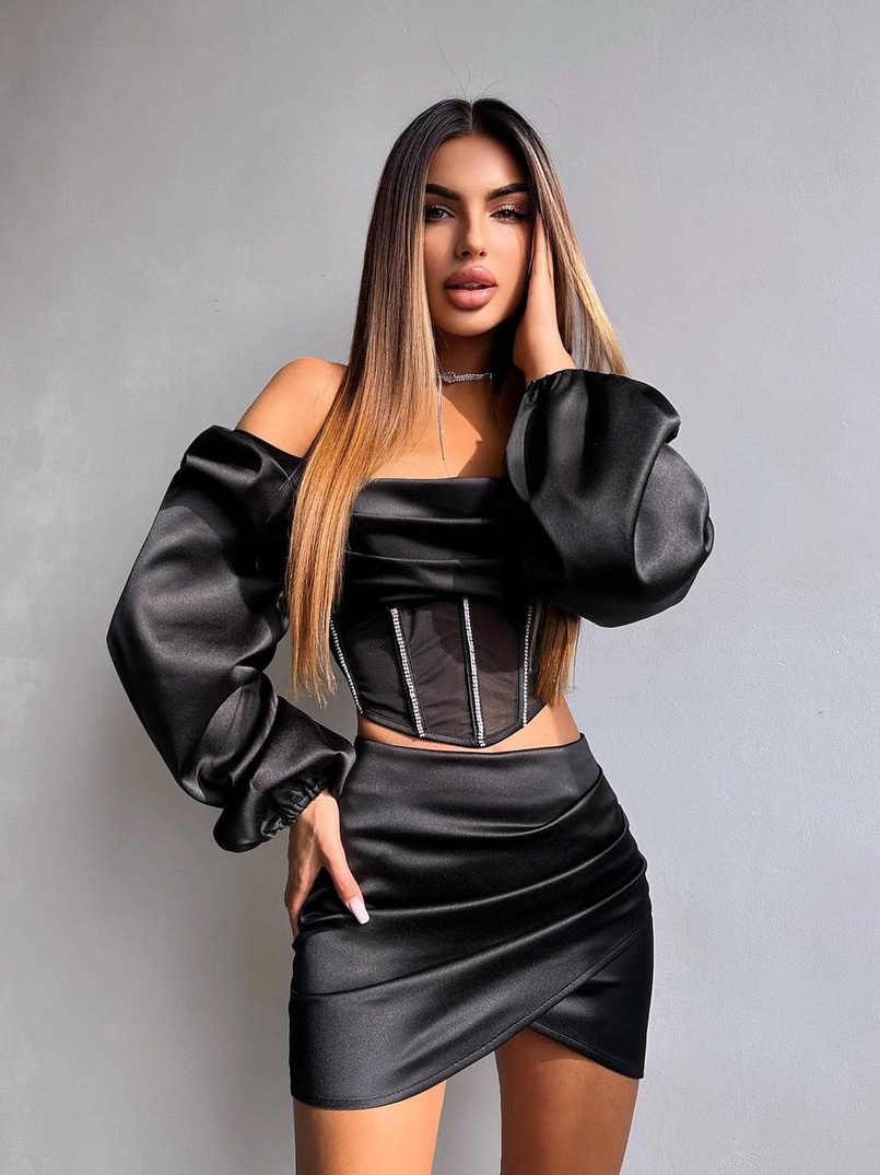 Комплект: корсет, декорований стразами   + спідниця міні з драпіруванням  Комплект: корсет, декорований стразами   + спідниця міні з драпіруванням  | PUSHKA SHOP