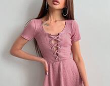 Трикотажное платье-мини со шнуровкой на груди  Трикотажное платье-мини со шнуровкой на груди  | PUSHKA SHOP