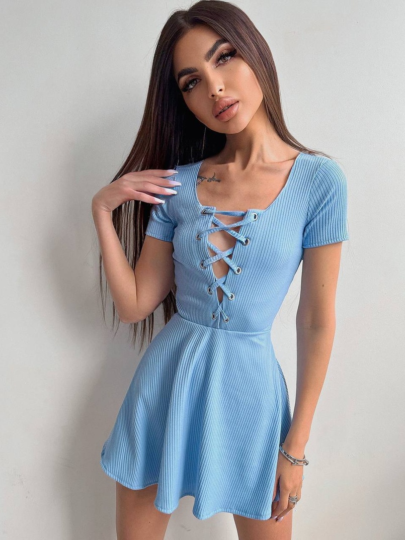 Трикотажное платье-мини со шнуровкой на груди  Трикотажное платье-мини со шнуровкой на груди  | PUSHKA SHOP