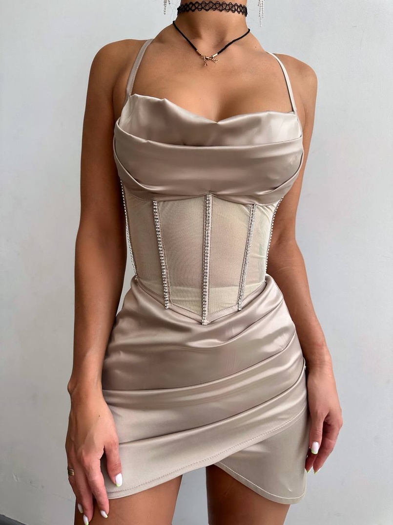 Комплект: корсет, декорований стразами + спідниця міні з драпіруванням   Комплект: корсет, декорований стразами + спідниця міні з драпіруванням   | PUSHKA SHOP