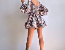 Корсетна сукня з подвійною спідницею та обʼємними рукавами у клітинку  Корсетна сукня з подвійною спідницею та обʼємними рукавами у клітинку  | PUSHKA SHOP