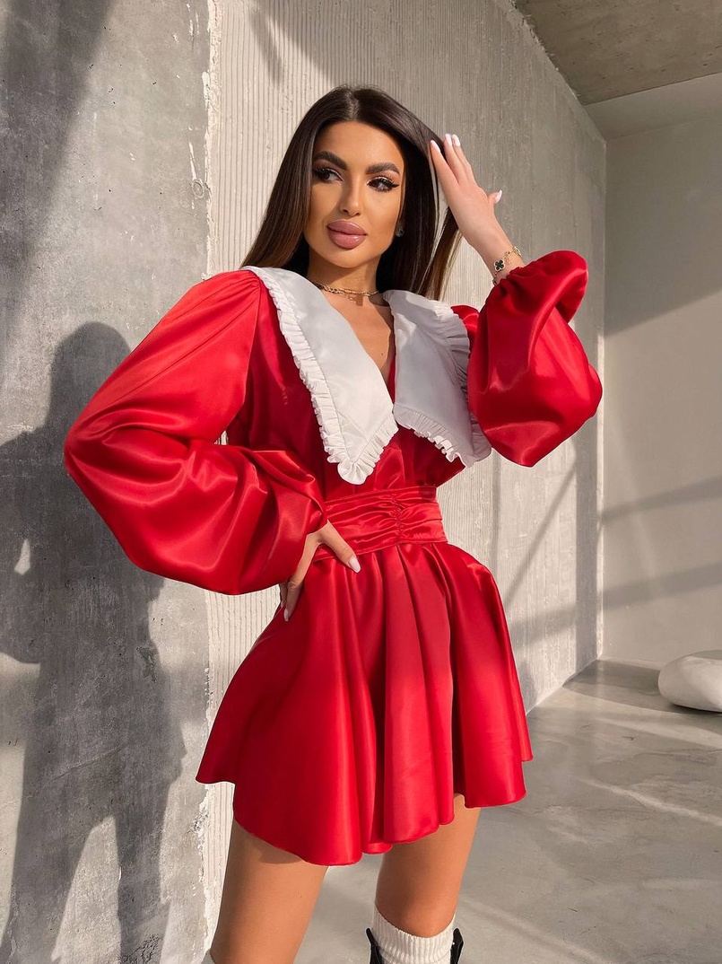 Сукня з коміром та об'ємними рукавами з широким поясом | PUSHKA SHOP