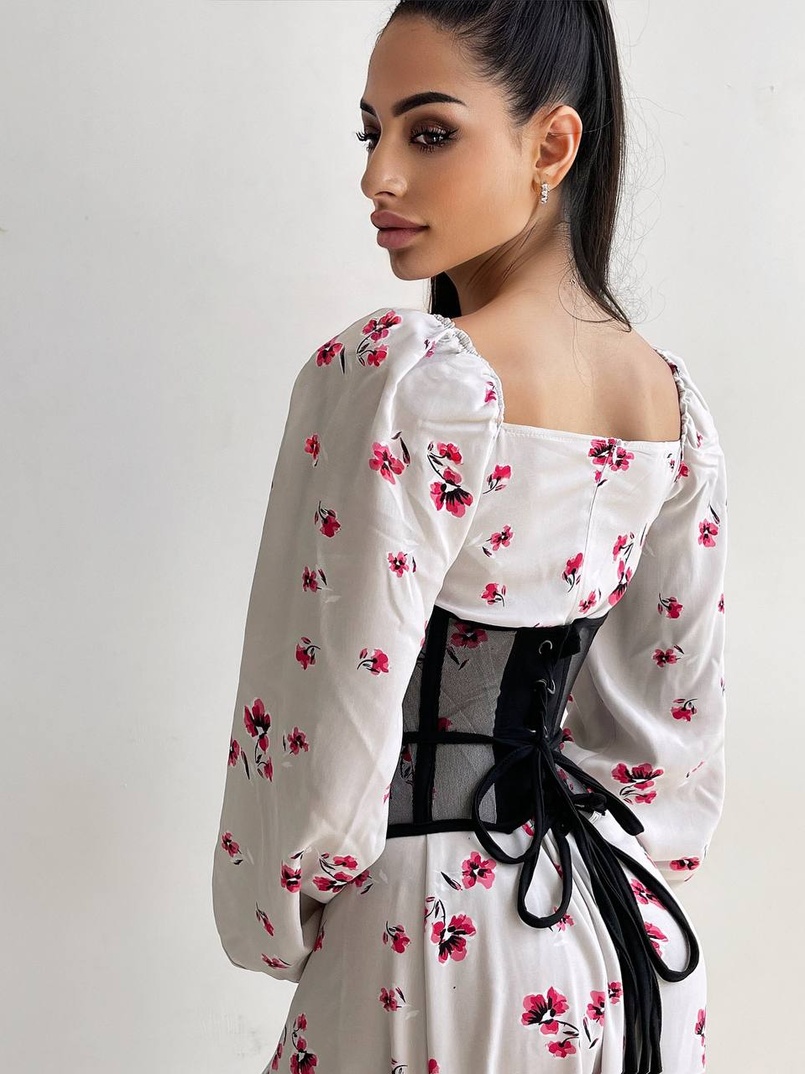 Сукня міді з розрізом в квітковий принт + прозорий корсет  | PUSHKA SHOP