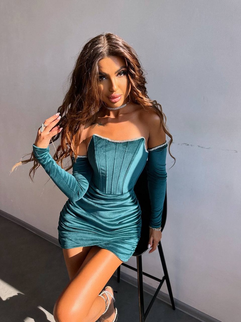 Оксамитова корсетна сукня міні, декорована стразами     Ручна робота  Оксамитова корсетна сукня міні, декорована стразами     Ручна робота  | PUSHKA SHOP