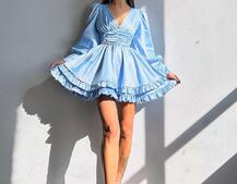 Атласна сукня з пишною подвійною спідницею та об‘ємними рукавами | PUSHKA SHOP