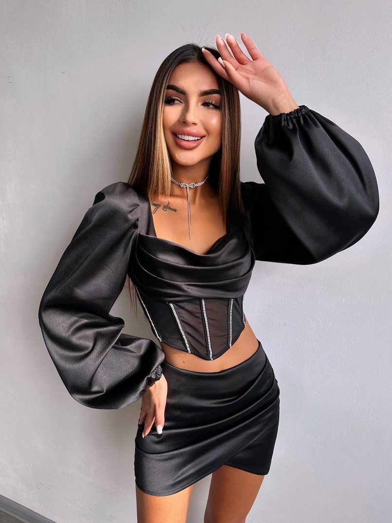 Комплект: корсет, декорований стразами   + спідниця міні з драпіруванням  Комплект: корсет, декорований стразами   + спідниця міні з драпіруванням  | PUSHKA SHOP