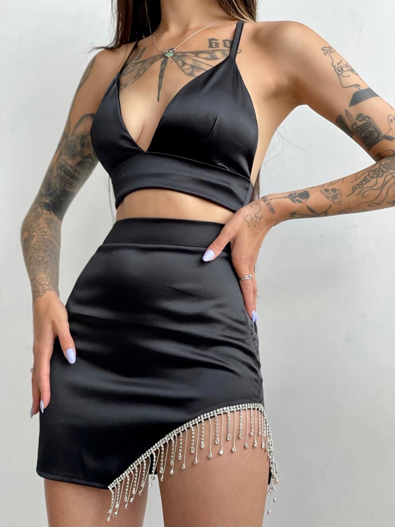 Комплект: топ с чашечками + юбка, декорированным бахромой из страз  | PUSHKA SHOP